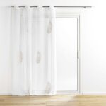 Voilage � oeillets en polyester avec motif feuille tropical brod� - blanc et dor� - 140 x 240 cm - livraison ...
