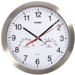 Horloge murale � 30 cm. fa�ade en acier avec hygrom�tre et thermom�tre.