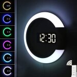 Horloge murale l�g�re � led, 7 couleurs peuvent �tre ajust�es affichage de la temp�rature alarme r�veil, ...