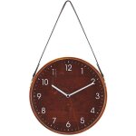 Horloge murale  suspendre cadran rond 26 cm effet bois fonc chiffres blanches sangle d'accrochage pratique ...