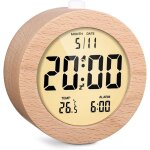 Horloge numrique rond lcd en bois, avec affichage date, temprature, rtroclairage, snooze, rveil ...