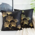 Housse de coussin 45 x 45 cm taie d'oreiller en velours feuille d'or coussin d�coratif noir doux carr� ...