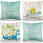 Housse coussin 45x45 lot de 4 bleu moderne d�coratif lin taie d'oreiller �t� printemps fleurs housses ...