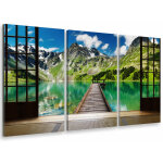 Hxadeco - tableau triptyque trompe oeil amarrage en lac de montagne - 90x60 cm