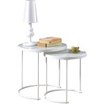 Idimex - lot de 2 tables d'appoint gigognes leyre, plateau rond en verre blanc et cadre en m�tal blanc ...