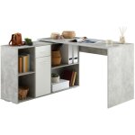 Bureau d'angle carmen avec meuble de rangement, d�cor b�ton et blanc mat