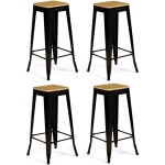 Idmarket - lot de 4 tabourets de bar leny m�tal noir mat assise bois empilable aspect brut factory