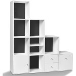 Idmarket - meuble de rangement en escalier liam 4 niveaux bois blanc + porte / tiroirs blancs fond gris ...