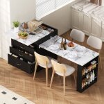 �lot de cuisine avec table extensible - 125, 5 - 187, 5x71x93 cm - meuble de bar avec led, prises usb ...