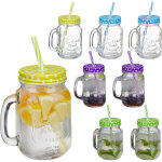 Jarre avec paille et couvercle, en lot de 8, volume : 400 ml, design r�tro, verre dot� d'une anse, multicolore ...