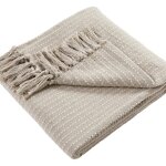 Jet� naturel 180�130 cm ? coton recycl� durable, rayures tiss�es, pompon, d�coration int�rieur
