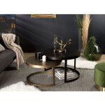Macabane - johan - set de 2 tables gigognes ceinturées rondes aluminium noir doré - pieds métal demi ... Macabane - johan - set de 2 tables gigognes ceinturées rondes aluminium noir doré - pieds métal demi ...