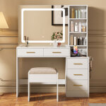 Jookgbd - coiffeuse avec miroir led, commode avec tabouret, plateau en verre, prises usb et �lectriques, ...