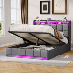 Jookgbd - lit coffre 140x190 cm, lit double tapissier avec rangement, t�te de lit led, charge usb - c, ...