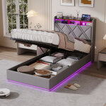 Jookgbd - lit coffre 90x200 cm, lit simple, lit adolescent, lit tapiss�, t�te de lit avec led, usb et ...