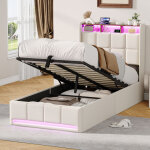 Jookgbd - lit coffre 90x200 cm, lit simple tapissier avec rangement, t�te de lit led, charge usb - c, ...