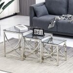 Jymtom - nid de 3 tables basses canapé moderne table latérale en verre gris trempé avec des jambes en ... Jymtom - nid de 3 tables basses canapé moderne table latérale en verre gris trempé avec des jambes en ...