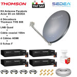 Kit parabole acier 80 cm anthracite + lnb quad hd 4k + 4 d�codeurs thomson tntsat + c�ble coax 100m + ...