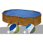 Kit piscine acier aspect bois gr� pacific ovale 5, 27 x 3, 27 x 1, 22 m + b�che � bulles + tapis de sol ...