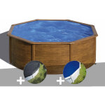Kit piscine acier aspect bois gr pacific ronde 3, 70 x 1, 22 m + bche d'hivernage + bche  bulles