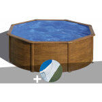 Kit piscine acier aspect bois gr� pacific ronde 3, 70 x 1, 22 m + tapis de sol