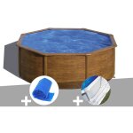Kit piscine acier aspect bois gr� sicilia ronde 3, 70 x 1, 22 m + b�che � bulles + tapis de sol