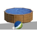 Kit piscine acier aspect bois gr� sicilia ronde 4, 80 x 1, 22 m + b�che hiver