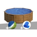 Kit piscine acier aspect bois gr� sicilia ronde 4, 80 x 1, 22 m + b�che hiver + b�che � bulles