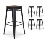 Kosmi - lot de 4 tabourets de bar en métal noir mat style industriel et assise en bois foncé - hauteur ... Kosmi - lot de 4 tabourets de bar en métal noir mat style industriel et assise en bois foncé - hauteur ...