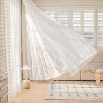 L132 x h160 cm rideaux voilage blanc de style boh�me, lot de 2 touffet�s � pompons brod� design pour ...