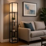 Lampadaire en bois lampe sur pied textile noir naturel lampe de chambre  coucher debout, 1x douille ...