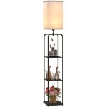 Lampadaire étagères 3 niveaux - interrupteur à tirette - métal mdf noir abat jour tissu blanc Lampadaire étagères 3 niveaux - interrupteur à tirette - métal mdf noir abat jour tissu blanc