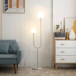 Lampadaire m�tal lampadaire sur pied salon dor� avec 2 t�tes abat - jours globe blanc verre d�poli - ...