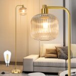 Lampadaire salon avec abat - jour en verre nervuré marron clair, ampoule led, interrupteur à pied, base ... Lampadaire salon avec abat - jour en verre nervuré marron clair, ampoule led, interrupteur à pied, base ...