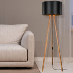 Lampadaire tr�pied 136 cm e27 ? abat - jour en textile noir et bambou ? id�al pour salon et bureau ? ...