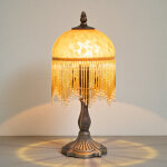 Lampe � poser belle epoque jaune ambre en verre et m�tal - 35x15cm