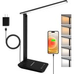 Lampe de bureau led avec adaptateur, pliable lampe de chevet dimmable avec 5 modes de couleur et 5 niveaux ...