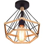 Lampe de plafond r�tro vintage plafonnier industrielle cage en forme diamant en m�tal avec corde de chanvre ...