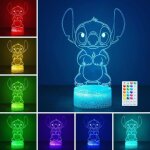Lampe stitch avec minuterie: 16 couleurs veilleuse enfant 3d led - m�moire, t�l�commande, contr�le tactile, ...