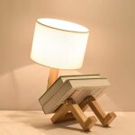 Lampe de table de lecture led e27, lampe de chevet robot cr�ative en bois avec interrupteur, abat - jour ...