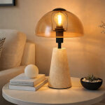 Lampe de table en pierre de travertin lampe de chevet verre ambre lampe d'appoint grise, m�tal, 1x douille ...