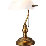 Lampe de table r�tro, blanc lampe de bureau en verre pour banquier, avec base en laiton, cha�ne interrupteur, ...