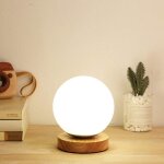 Lampe de table sph�rique minimaliste moderne, lampe de bureau avec abat - jour en verre et base en bois, ...