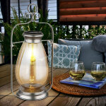 Lanterne solaire led, lampe d'ext�rieur, d�coration de jardin, lampe de balcon, m�tal verre ambre argent, ...
