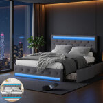 Lit 140 x 200 cm avec sommier � lattes, lit double avec led et usb tpye c, lit coffre avec t�te de lit ...