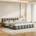 Lit 140x190 cm, lit double, t�te de lit capitonn�e, lin, gris, cadre m�tal, moderne, sans matelas