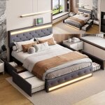 Lit 140x190 cm gris - led int�gr�e, 4 tiroirs, sommier � lattes, ports usb / type?c, t�te de lit