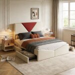 Lit 140x190 cm - pocketpop - velours blanc cass� - 4 tiroirs - t�te de lit - sommier � lattes