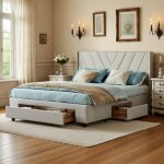 Lit 140x190 cm, scandinave, lit adulte, cadre de lit double 140x190 cm, lin, beige