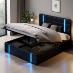 Lit 140x190 - lit coffre hydraulique - t�te de lit pu noir - usb et led - 2 places